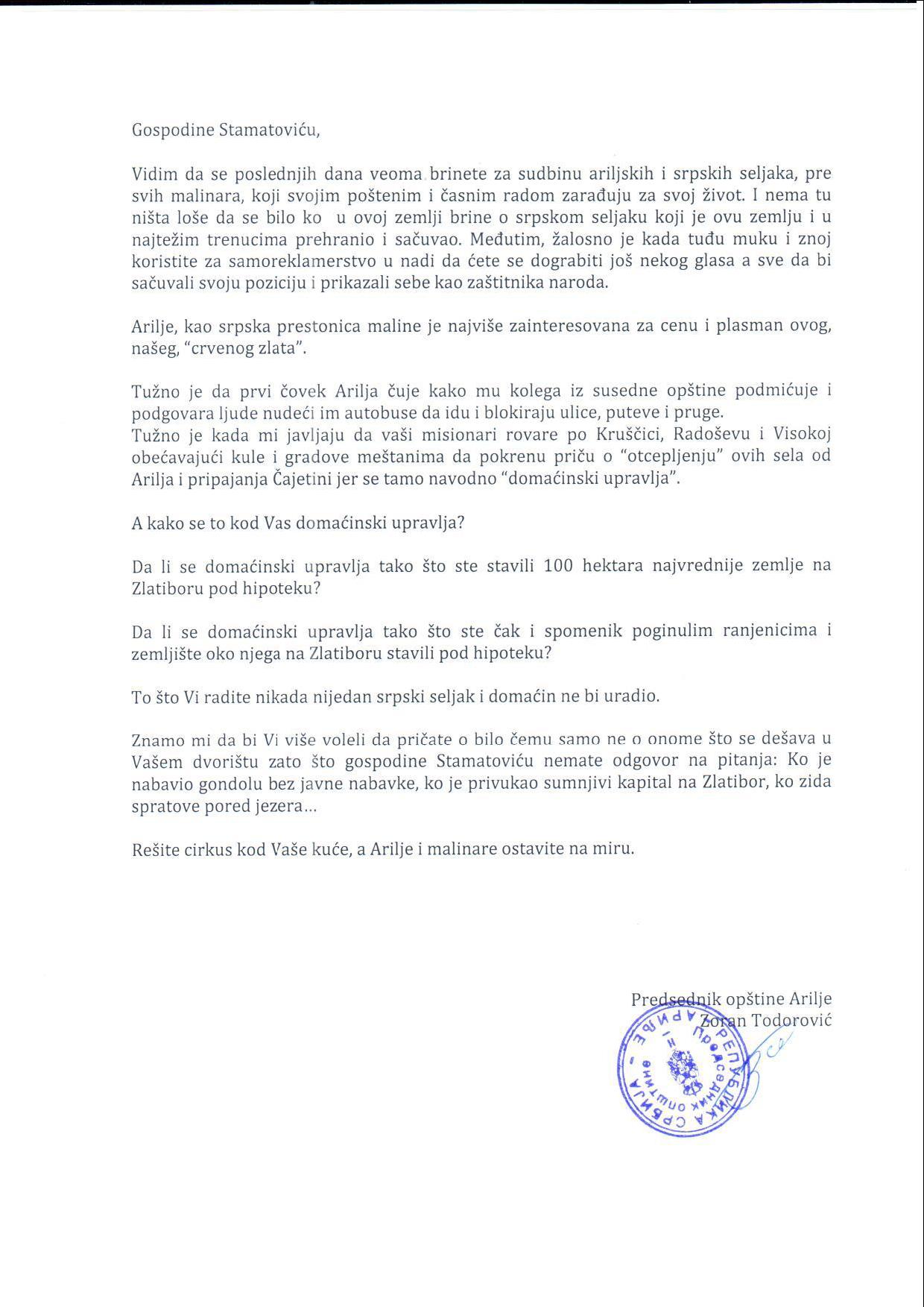 Otvoreno pismo predsednika Opštine Arilje